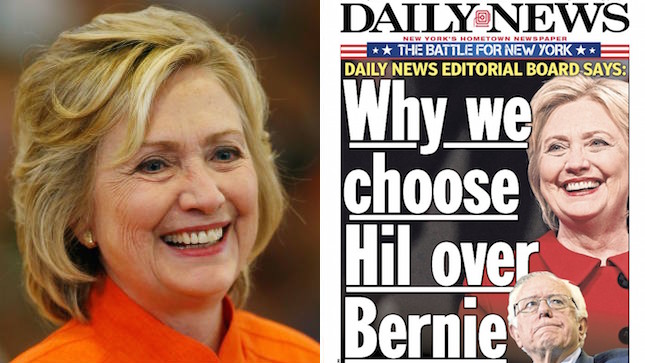 Hillary Clinton, New York Daily News, Bernie Sanders, Endorsement