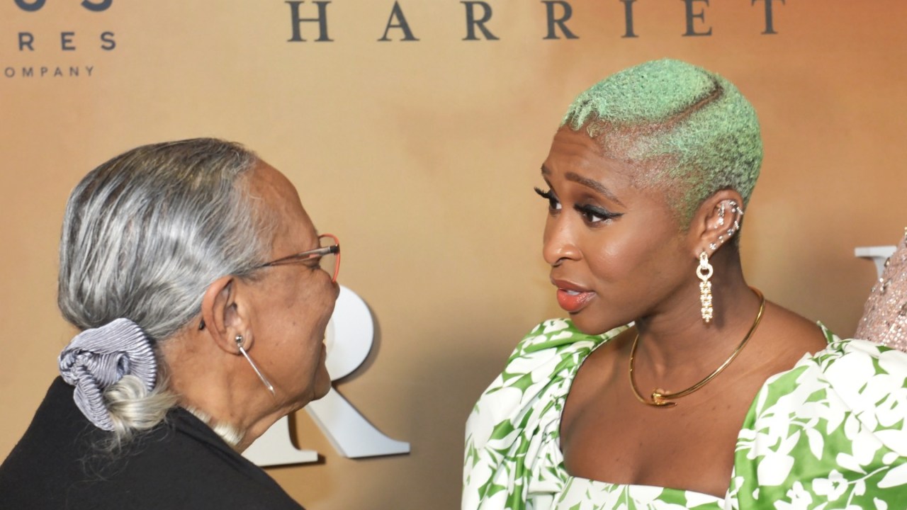 Judith Bryant, Harriet Tubman's great-great-grandniece, talks to actress Cythina Erivo at the Washington, DC premiere of "Harriet" at the Smithsonian National Museum Of African American History on October 22, 2019 in Washington, DC. (Photo by Shannon Finn