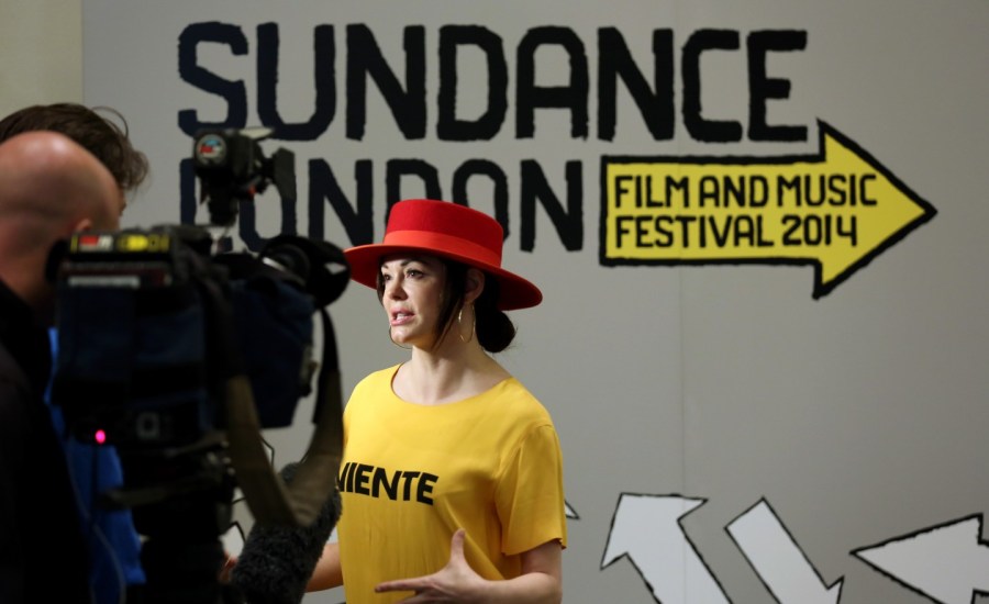 Rose McGowan speaks to reporters at the Sundance Film Festival in London