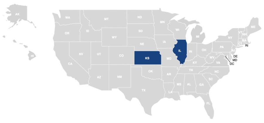 johns hopkins map of the united states with illinois and kansas highlighted