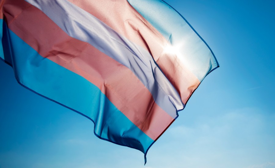 the transgender pride flag flying against the sky and the sun