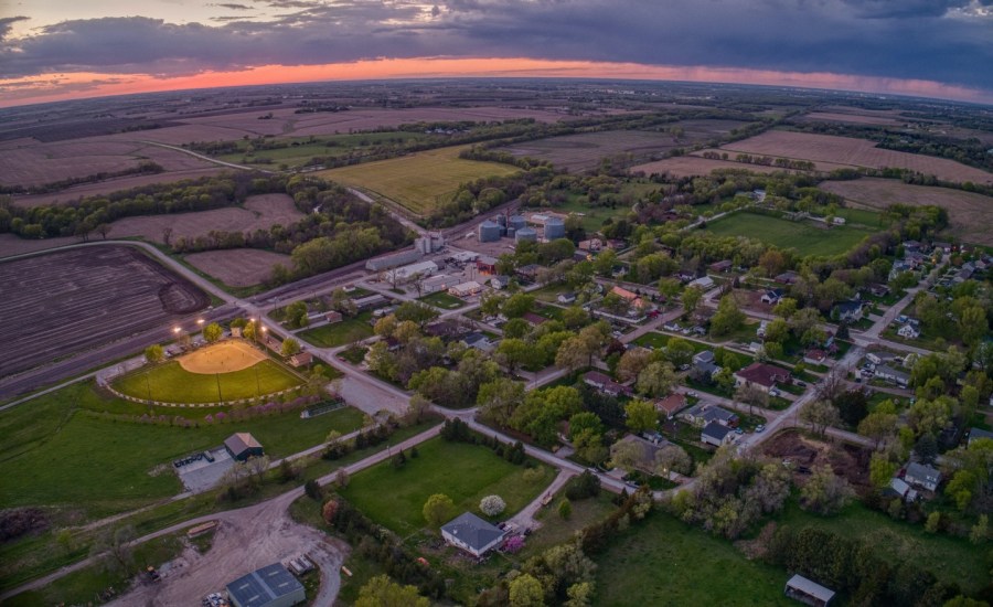 Aerial View of the small Village of Roca at Sunset in rural Nebraska