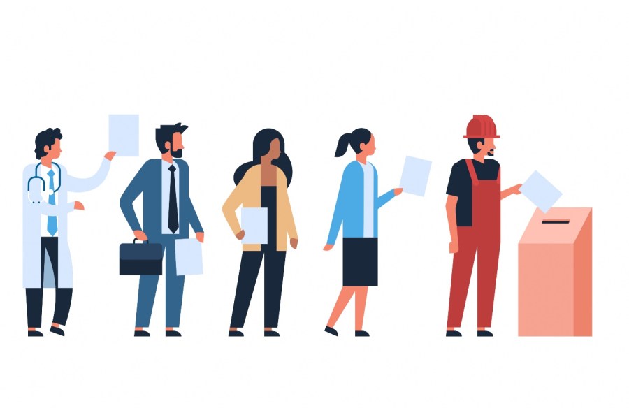 vector illustration of diverse people in a voting line