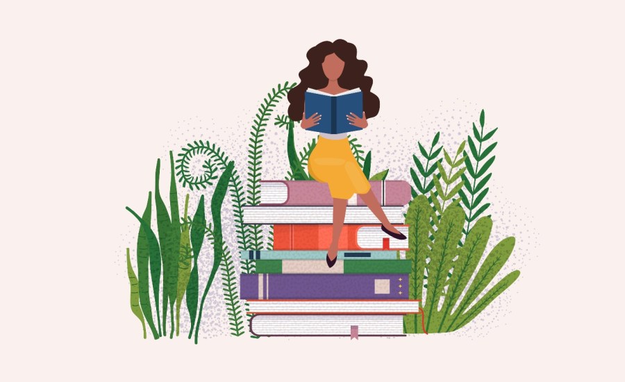 a vector illustration of a dark-skinned girl with long black hair reading a book, sitting on a stack of books