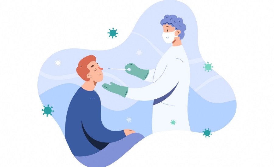 a vector illustration of a doctor in a face mask and face shield testing a patient for coronavirus using a nasal swab