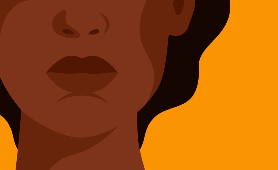 an illustration of a black woman's face with the eyes cut off