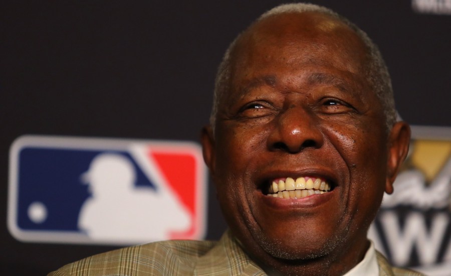 Baseball Hall of Famer Hank Aaron attends the 2017 Hank Aaron Award press conference prior to game two of the 2017 World Series between the Houston Astros and the Los Angeles Dodgers at Dodger Stadium on October 25, 2017 in Los Angeles, California