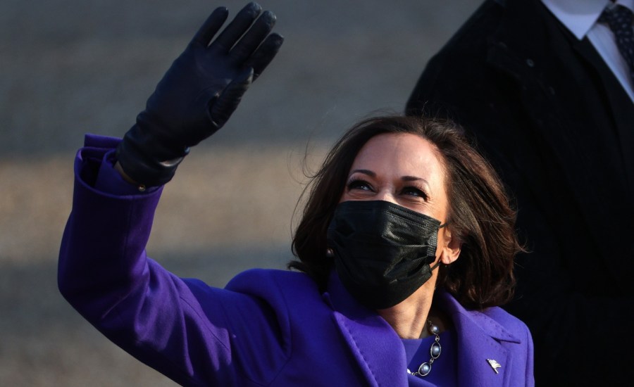 U.S. Vice President Kamala Harris walks the abbreviated parade route after U.S. President Joe Biden's inauguration on January 20, 2021 in Washington, DC.