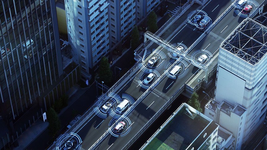 Illustration of autonomous cars driving in a city