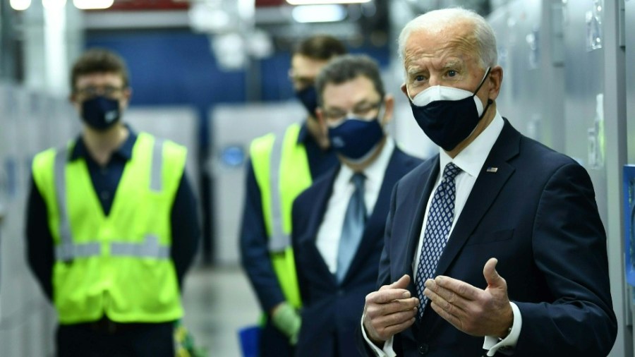 President Biden speaks as he tours COVID-19 vaccine freezers at a Pfizer manufacturing site