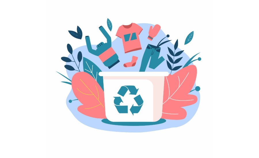 a vector illustration of various clothes falling into a recycling bin with trees and symbols of sustainability and environment around