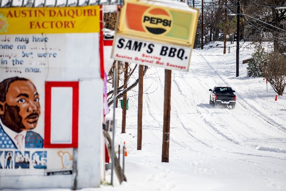 A snowy road is seen in Texas