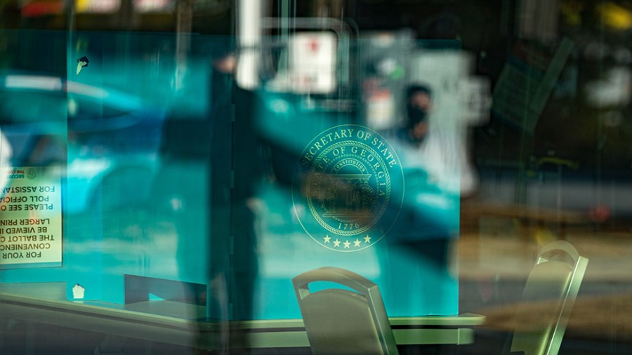 Georgia voting stands pictured inside a window