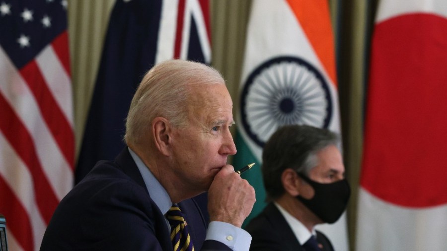 President Biden and Secretary of State Anthony Blinken speak with leaders of The Quad