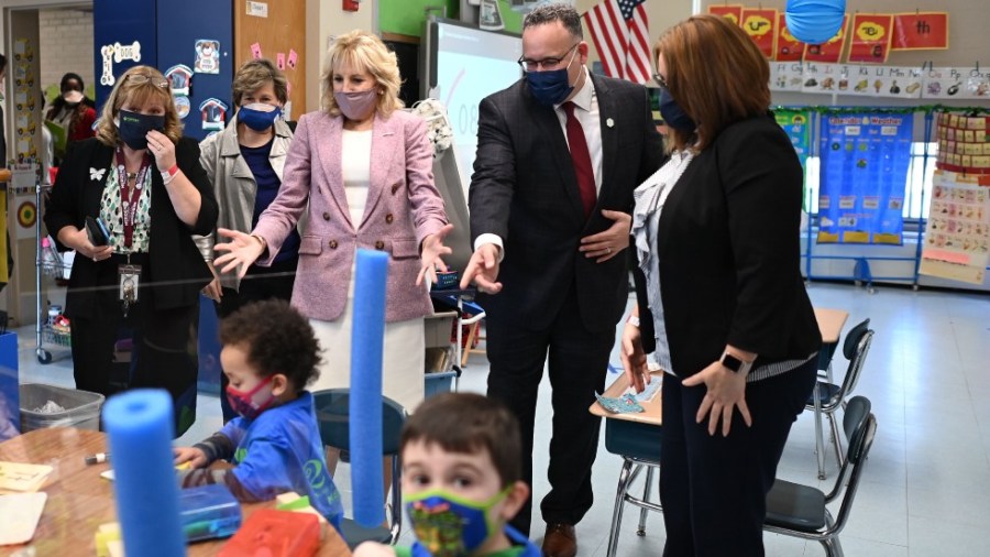 First lady Jill Biden and Education Secretary Miguel Cardona tour Benjamin Franklin Elementary School in Meriden, Conn.