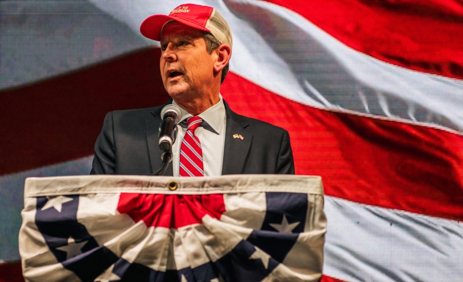 Georgia Gov. Brian P. Kemp speaks during a run-off election night party at Grand Hyatt Hotel in Buckhead on January 5, 2021 in Atlanta, Georgia