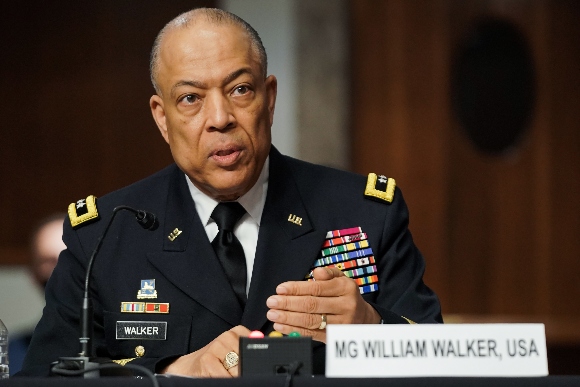 Army Maj. Gen. William Walker, Commanding General of the District of Columbia National Guard, answers questions during a Senate Homeland Security and Governmental Affairs & Senate Rules and Administration joint hearing on March 3, 2021.