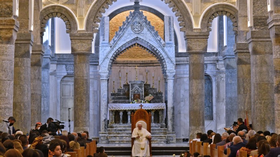 Pope Francis speaks at the Syriac Catholic Church of the Immaculate Conception (al-Tahira-l-Kubra), in the predominantly Christian town of Qaraqosh (Baghdeda)