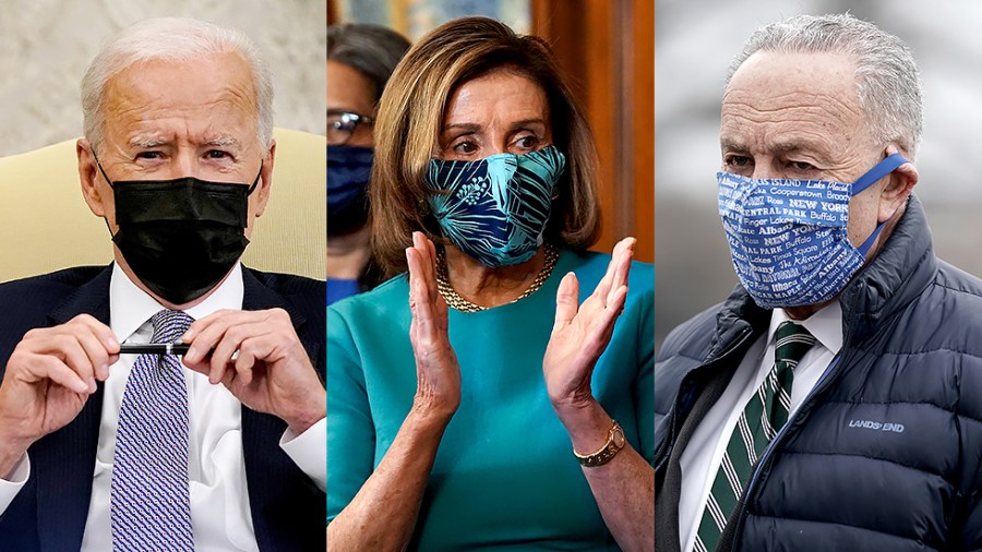 President Biden, Speaker Nancy Pelosi (D-Calif.) and Majority Leader Charles Schumer (D-N.Y.)