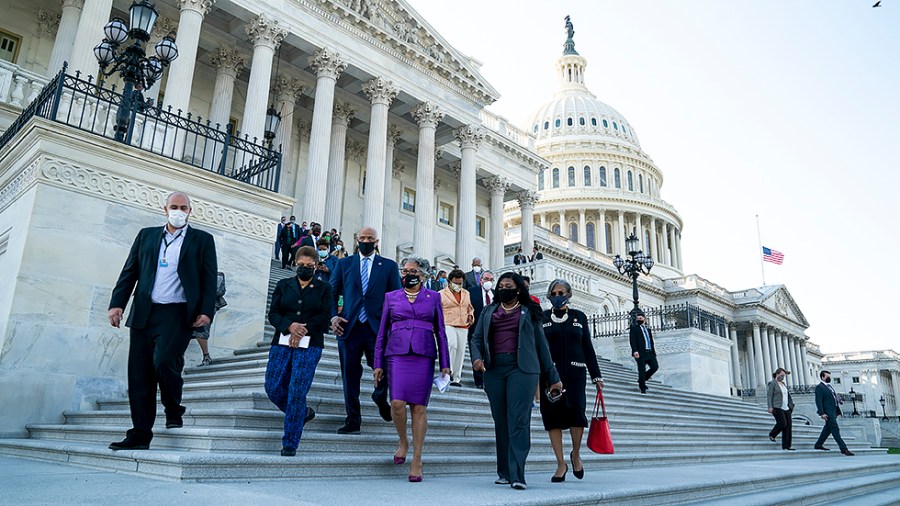 Members of the Congressional Black Caucus arrive for a press conference to discuss the verdict of Officer Chauvin