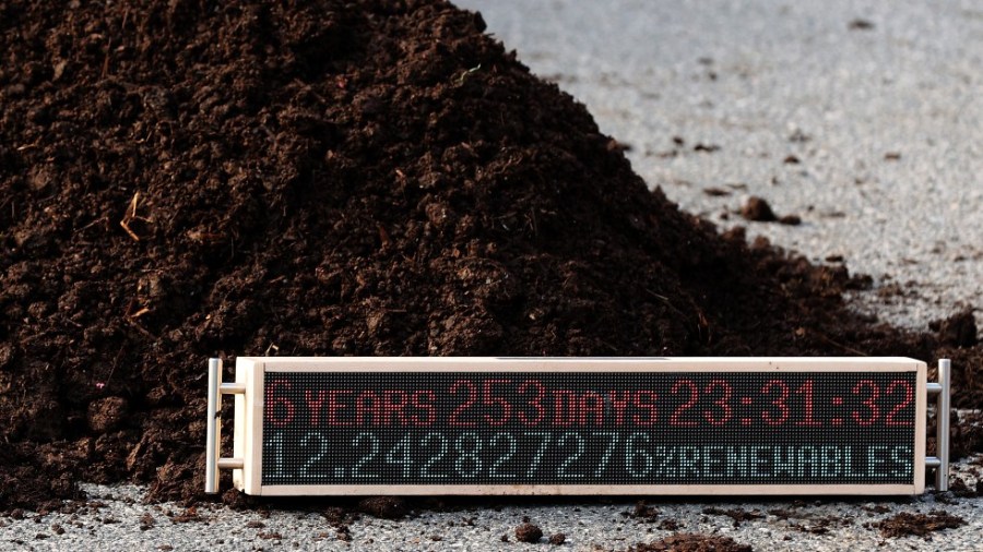 A countdown clock sits by a pile of cow manure left by activists outside the White House during a protest against President Biden's climate policies