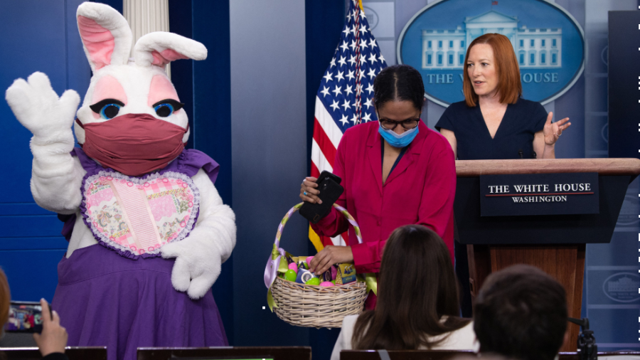 A Biden staffer dressed as the Easter Bunny pays a visit to the White House press briefing room