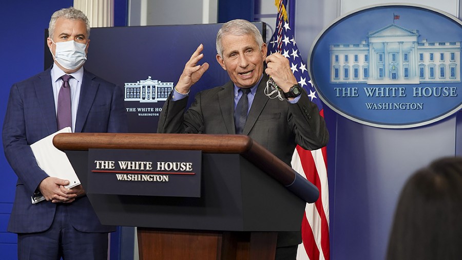 Dr. Anthony Fauci addresses White House reporters