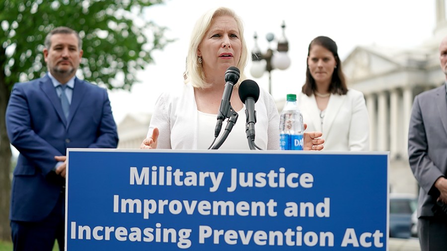 Sen. Kirsten Gillibrand (D-N.Y.) discusses the Military Justice Improvement and Increasing Prevention Act at a press conference