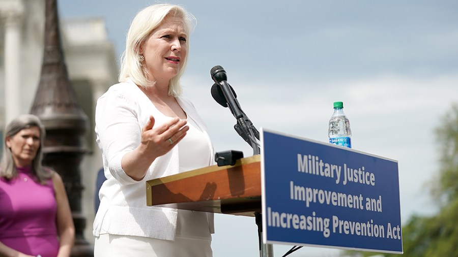 Sen. Kirsten Gillibrand (D-N.Y.) discusses the Military Justice Improvement and Increasing Prevention Act at a press conference