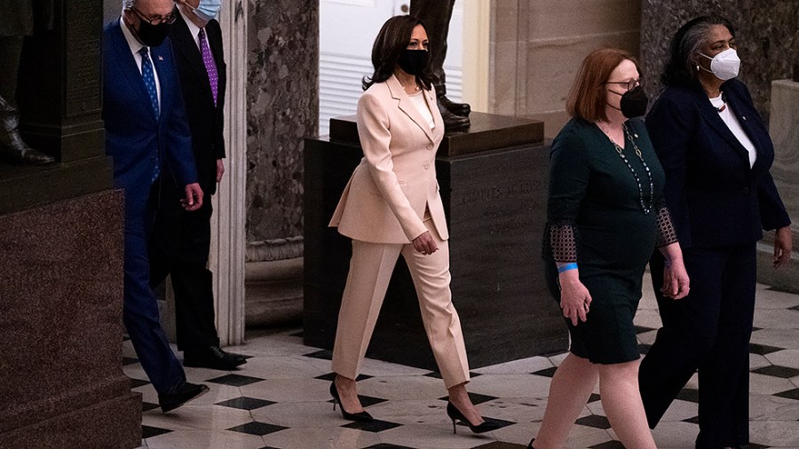 Vice President Harris leads Senators to the House Chamber to hear President Biden give his first joint address to Congress