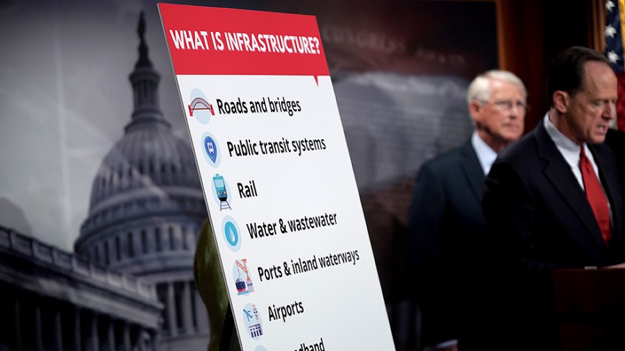 A sign is seen as Senate Republican unveil their infrastructure plan during a press conference