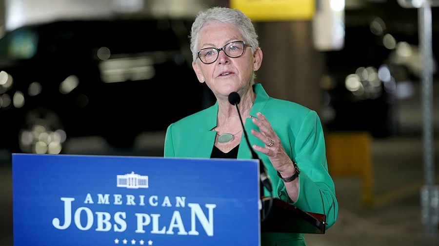 National Climate Advisor Gina McCarthy addresses reporters about new electric vehicle charging initiatives