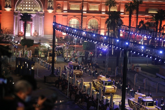 Specially designed vehicles transport mummies in a convoy from the Egyptian Museum in Tahrir Square to the new National Museum of Egyptian Civilization