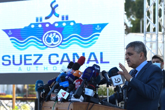 Egypt's Suez Canal Authority chief Osama Rabie holds a press conference