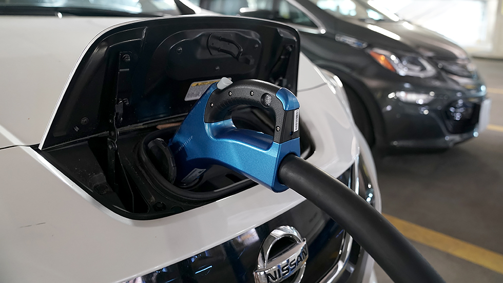 A Nissan Leaf is seen prior to a press conference to introduce new electric vehicle charging initiatives 