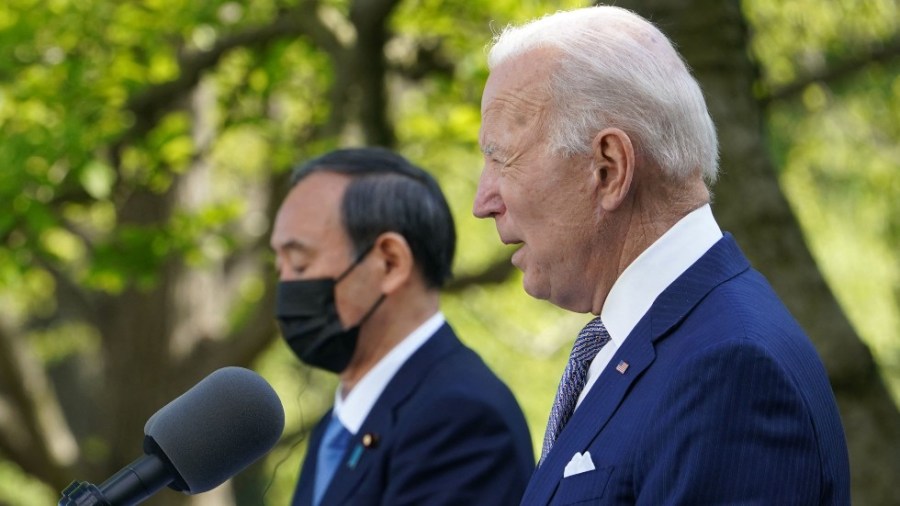 Japanese Prime Minister Yoshihide Suga and President Biden hold a joint press conference in the Rose Garden of the White House