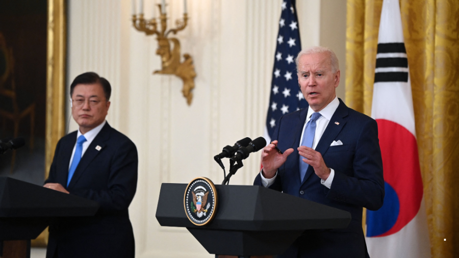 South Korean President Moon Jae-in and President Joe Biden hold a press conference in the White House