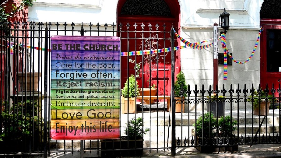 Pride decorations and Black Lives Matter signs are seen at St. John's Lutheran Church in New York