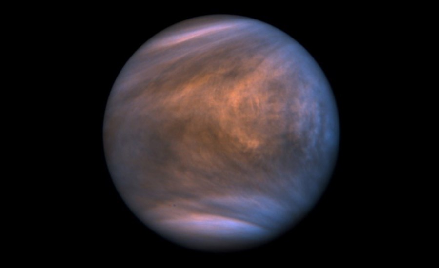 Image of Venus, showing the clouds, taken by the ultraviolet imager of the Venus Climate Orbiter Akatsuki (27 November 2018); credits: Institute of Space and Astronautical Science (Japan); image processed by Melina Thévenot