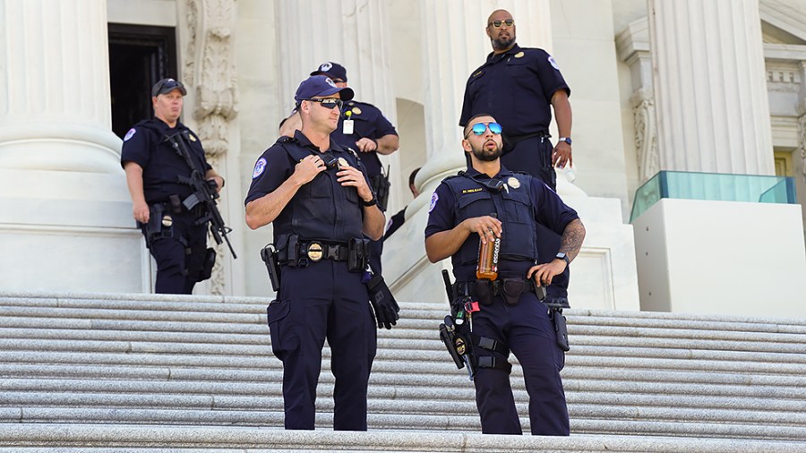 U.S. Capitol Police officers are seen on the steps of the House Chamber on June 24