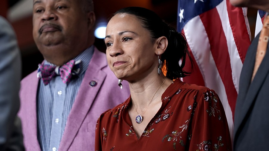 Rep. Sharice Davids (D-Kan.) is seen during a press conference on June 30 to discuss the INVEST in America Act which will focus on infrastructure and transportation.