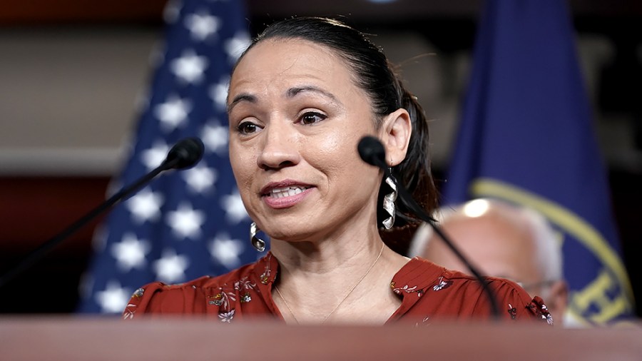 Rep. Sharice Davids (D-Kan.) addresses reporters during a press conference on June 30 to discuss the INVEST in America Act which will focus on infrastructure and transportation.