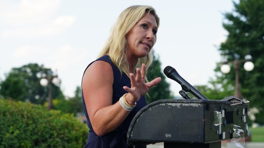 Rep. Marjorie Taylor Greene (R-Ga.) speaks outside of the Capitol