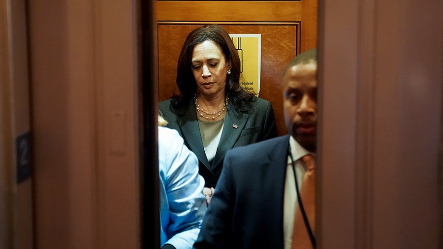 Vice President Harris leaves the Senate on June 22 following a vote regarding the For the People Act.