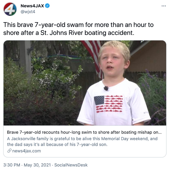 This brave 7-year-old swam for more than an hour to shore after a St. Johns River boating accident