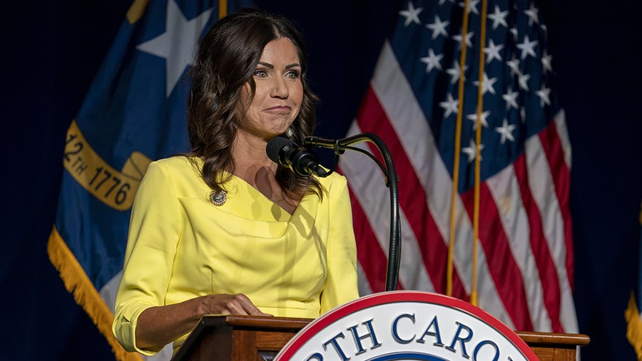 South Dakota Governor Kristi Noem (R) addresses the North Carolina Republican Party Convention on June 5