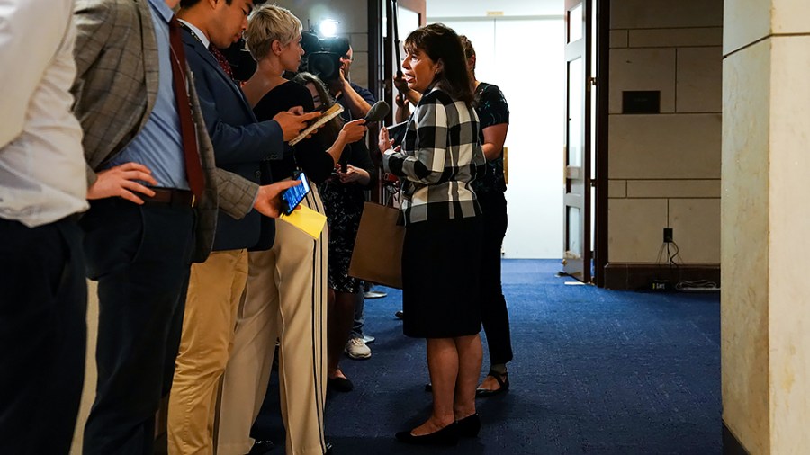 Rep. Jackie Speier (D-Calif.) speaks to reporters on June 15 following a House Democratic Conference meeting