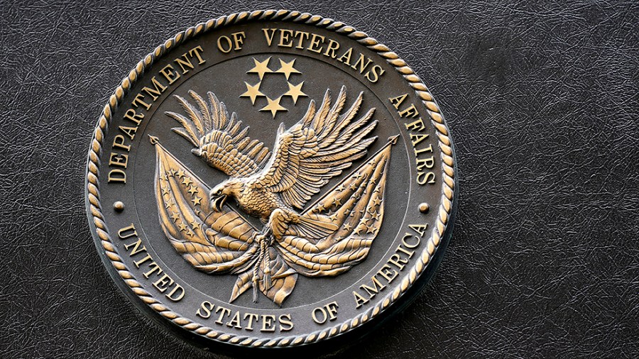 A logo of the Department of Veterans Affairs is seen outside their headquarters in Washington, D.C., on June 3