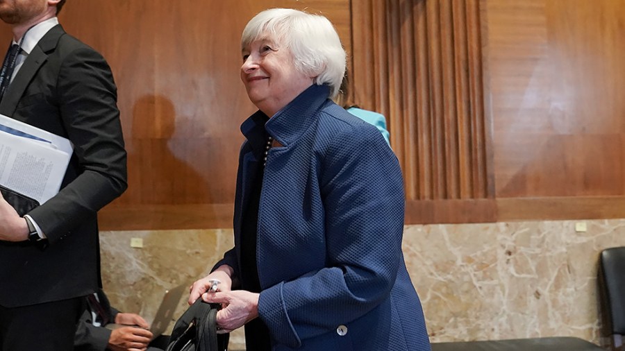 Treasury Secretary Janet Yellen leaves a Senate Appropriations Subcommittee hearing to examine the FY 2022 budget request for the Treasury Department on June 23