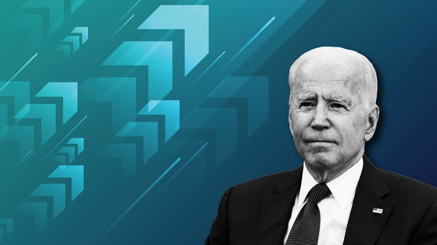 Photo illustration of a grayscale President Joe Biden on a blue-green background with arrows rising upward